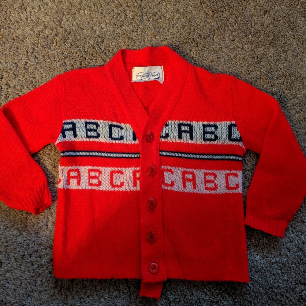 Vtg Acrylic Fiber Red Infant ABC Sweater
